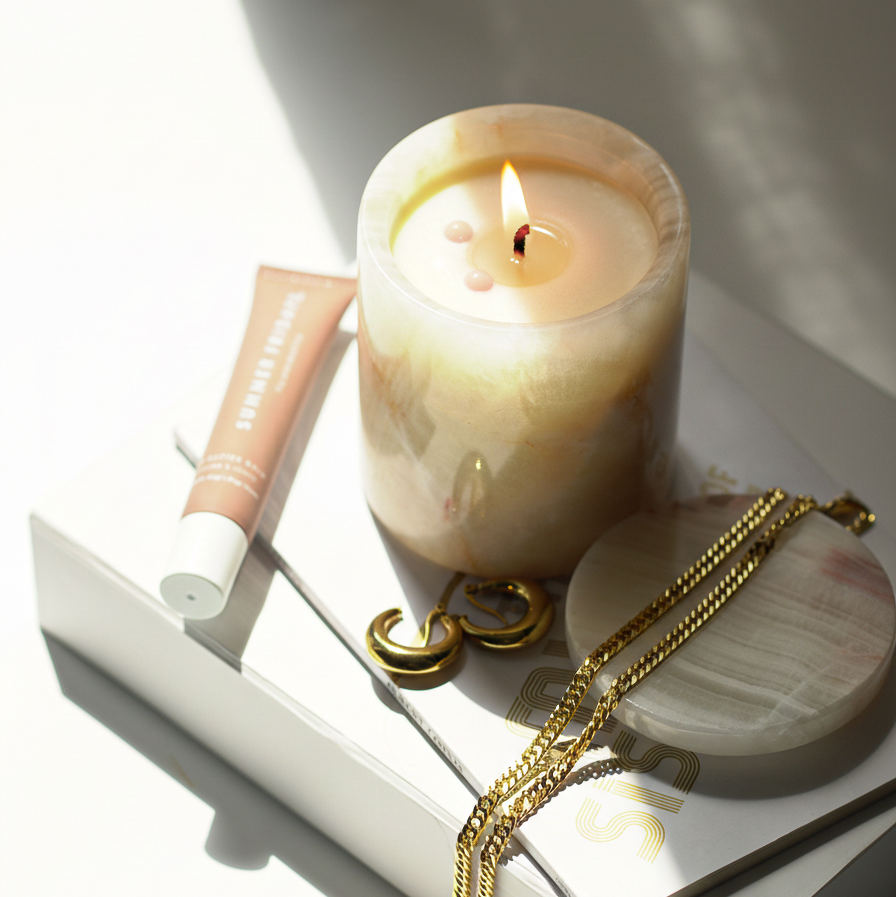 Candle, lip balm, and gold necklace on a white surface with a soft focus background